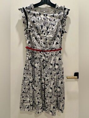 Carolina Herrera Black & White Printed Midi Dress with Red Belt